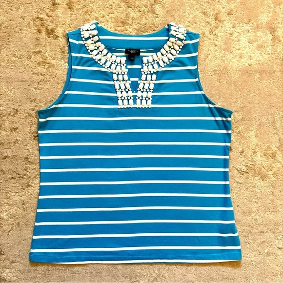 Talbots Striped Sleeveless Tank Top With Chunky Jewel Collar Size PLarge - Picture 3 of 10